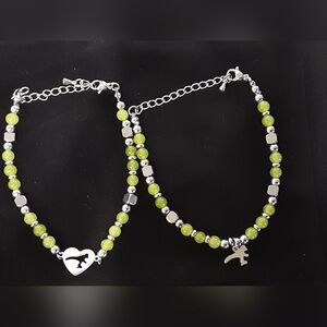 Set Of 2 Silver and Green Beaded Dinosaur Charm Bracelets J259